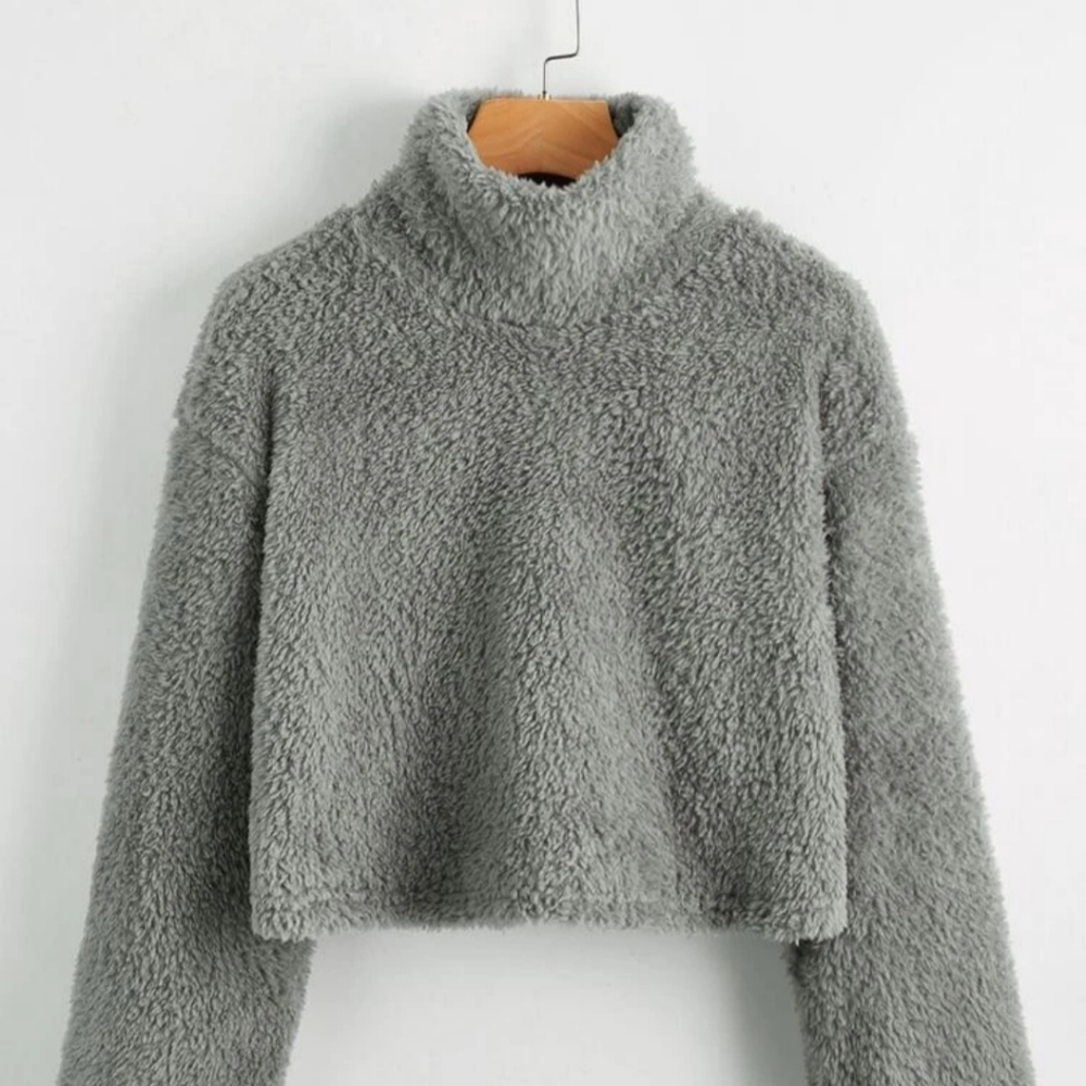 Mock Neck Crop Teddy Pullover
